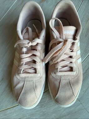 adidas Women’s Light Pink Suede Lace-Up Sneakers with White Stripes